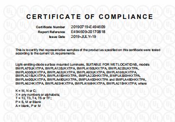 UL E494609 Area Light